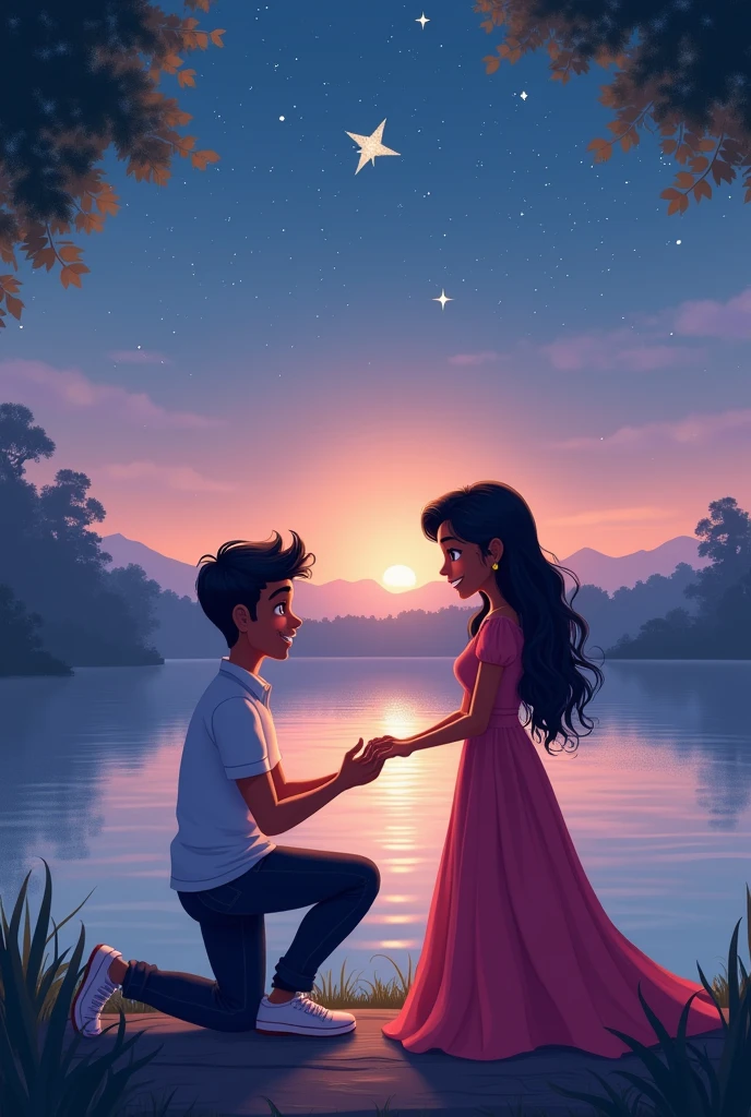 Create a Indian cartoon charcter of A serene lakeside setting during twilight, with the boy down on one knee holding a ring, proposing to the girl. She is surprised and emotional, dressed in an elegant gown, while he is in a smart casual outfit. The lake reflects the starlit sky, adding to the romantic