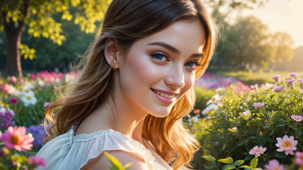 a beautiful girl in a bright sunny garden, wearing a flowing white dress, smiling happily, warm sunlight on her face, surrounded by colorful flowers, birds flying in the sky, a serene and peaceful atmosphere, (best quality,4k,8k,highres,masterpiece:1.2),ultra-detailed,(realistic,photorealistic,photo-realistic:1.37),detailed face, striking blue eyes, delicate features, long eyelashes, oil painting, vibrant colors, soft lighting, idyllic landscape, natural beauty