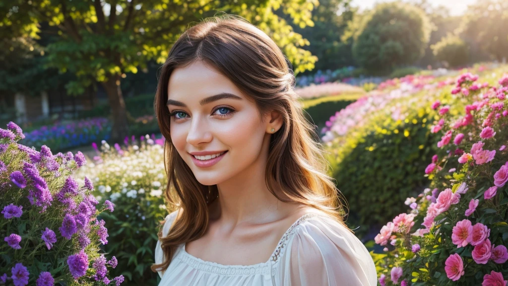a beautiful girl in a bright sunny garden, wearing a flowing white dress, smiling happily, warm sunlight on her face, surrounded by colorful flowers, birds flying in the sky, a serene and peaceful atmosphere, (best quality,4k,8k,highres,masterpiece:1.2),ultra-detailed,(realistic,photorealistic,photo-realistic:1.37),detailed face, striking blue eyes, delicate features, long eyelashes, oil painting, vibrant colors, soft lighting, idyllic landscape, natural beauty