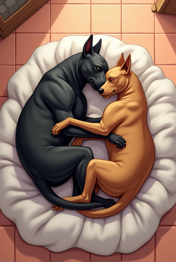 A black pitbull dog and a black mixed breed dog sleeping on a white quilt on a melon tile floor
