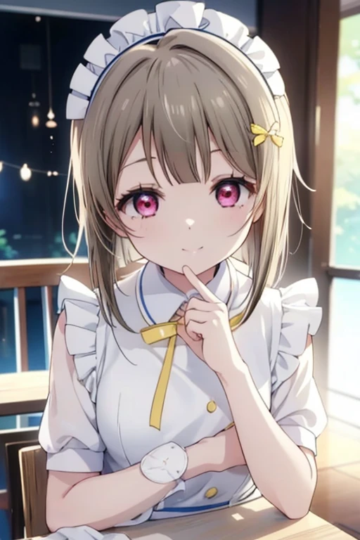 Highest quality、masterpiece、One Girl、alone、アニメ、anime screencap、Ray Tracing、Global Illumination、ultra hi resolution picture、Vivid colors、Light on the face、Glowing Eyes、Depth of written boundary、Detailed Background、cute、Straight、smile、Watch Viewers、Love Live!、whole body、Coffee shop、Maid clothes、 Kasumi Nakasu、Asymmetrical hairstyle、Small breasts