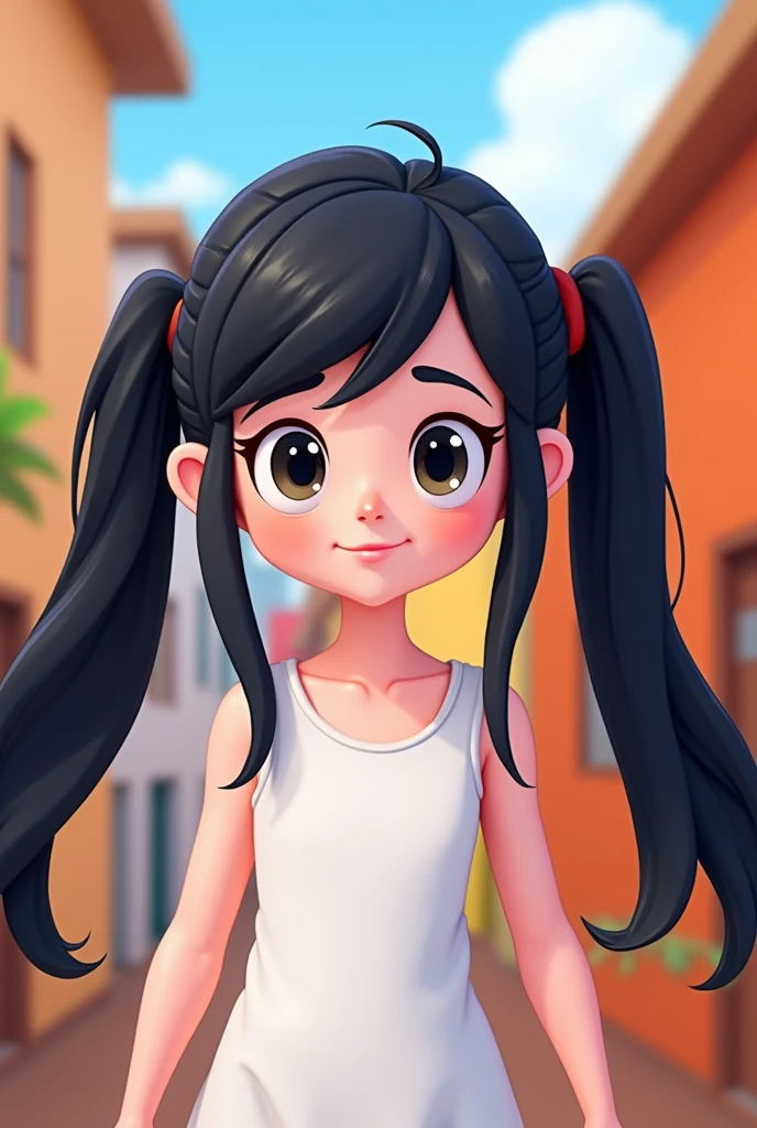 a white skinned character with black hair in pigtails, white Corinthians shirt cartoon style roblox character