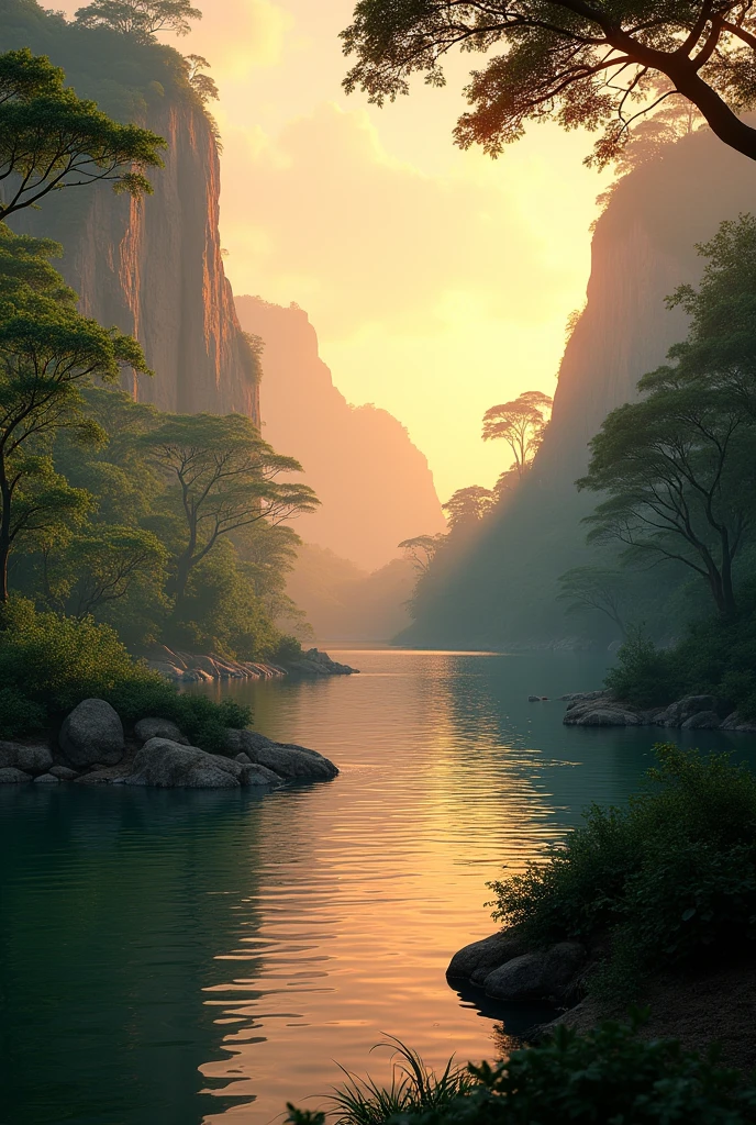 Theatrical perspective of a scene without evil or animals jungle in Africa scenic view sunrise lake rocks cinematic lighting