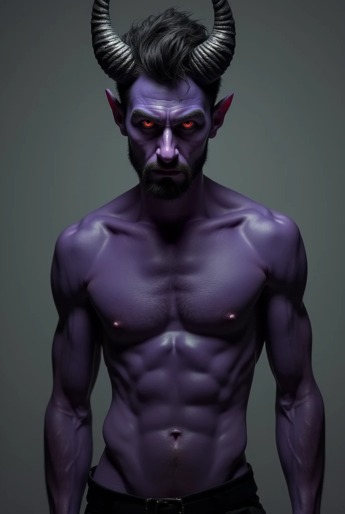 naughty man, between 20 and 30 years old, dark purple humanoid alien, Cao Cao, stark, bonitas, dark red iris, seducing gaze, goat horns, short black hair, messy and wavy, bushy eyebrows, traços starks, piercing de argola no septo, black nails. Wearing black tactical pants, barefoot, wearing no shirt