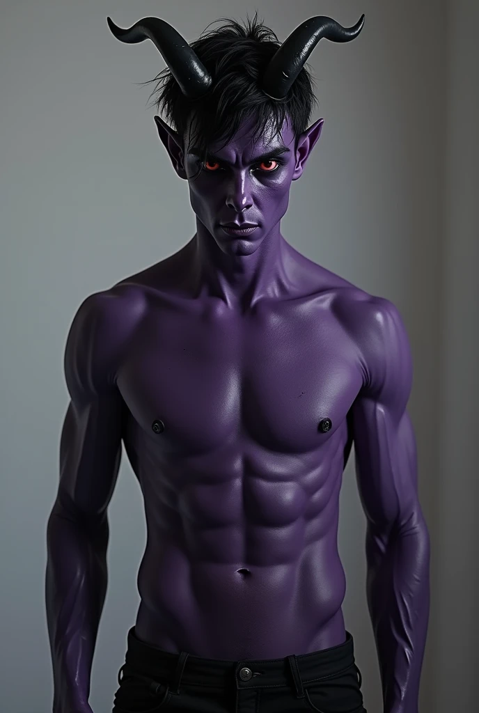 naughty man, ween 20 and 30 years old, dark purple humanoid alien, Cao Cao, stark, bonitas, dark red iris, seducing gaze, goat horns, short black hair, messy and wavy, bushy eyebrows, traços starks, piercing de argola no septo, black nails. Wearing black tactical pants, barefoot, wearing no shirt