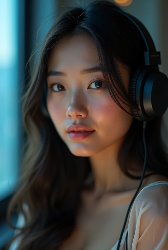 High-quality photograph of a young woman is wearing large over-ear headphones with a matte black finish. She has a light smile on her lips and a subtly seductive gaze, looking directly into the camera. Her smooth skin, with a slight blush on her cheeks, is softly illuminated by a neutral white light that enhances her features and separates her face from the softly blurred, cool blue background. Her lips are slightly parted, adding to her serene expression. Her long, dark hair falls naturally around her face, with a few loose strands framing her features, further accentuating the intimate atmosphere of the scene.