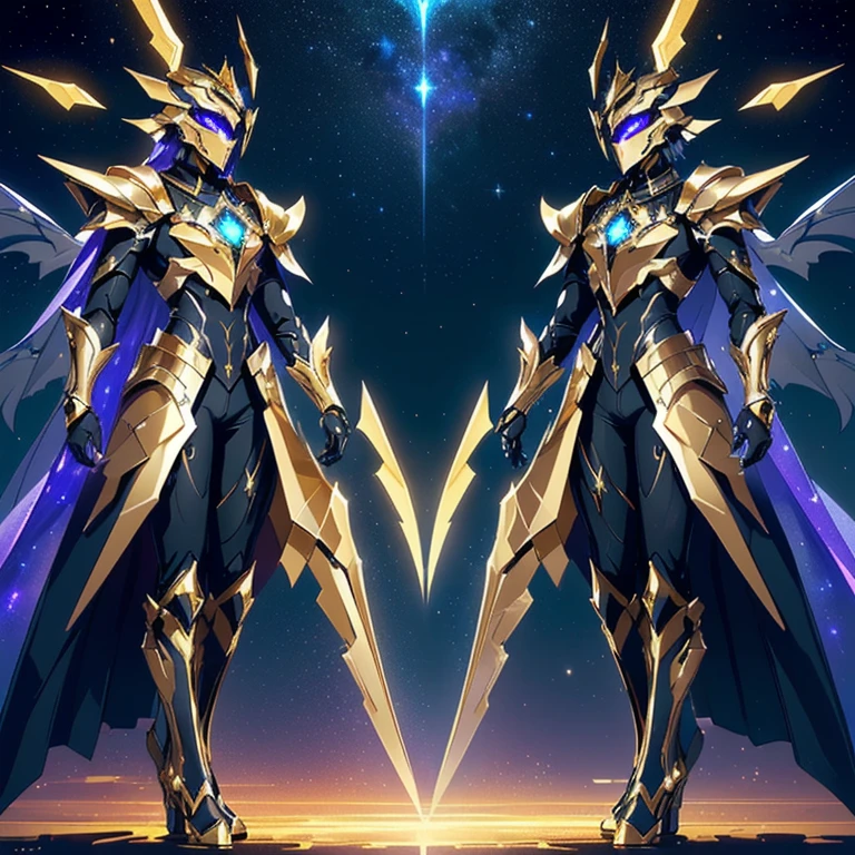 It's a man. The image presents a highly detailed and futuristic armor designed for a male warrior. The armor combines elements from different parts to create a cohesive and powerful look.

Helmet: The helmet features a sleek, aerodynamic design with a golden metallic finish. It has a central crest that rises upwards, and the visor glows with a bright blue light, giving it a high-tech, futuristic appearance.

Pauldrons (Shoulder Pads): The shoulder pads are large and wing-like, curving outward and upward, with a polished golden finish. These pads extend slightly beyond the shoulders and include a sleek, angular design, providing both a majestic and powerful look.

Chest Plate: The chest plate is intricately segmented, with a combination of gold and dark metallic blue. It has a gem-like crystal in the center that emits a soft, mystical glow. The design of the chest plate is both protective and regal, with sharp, angular lines that add to the overall futuristic aesthetic.

Arm Guards: The arm guards are sleek and streamlined, with articulated golden and purple segments that offer flexibility and protection. The design of the gauntlets is both robust and elegant, incorporating futuristic elements that blend with the classic style.

Leg Armor: The legs are armored with segmented plates that are primarily gold and purple. The boots are angular and sturdy, with a design that conveys both strength and agility. The overall look of the leg armor is grounded yet sleek, completing the ensemble with a powerful stance.

The background of the image is a dark cosmic scene, filled with distant stars and nebulae that highlight the polished surfaces of the armor. Dynamic lighting is used to emphasize the key features, particularly the glowing visor and central chest gem, reinforcing the mystical and imposing nature of the warrior.