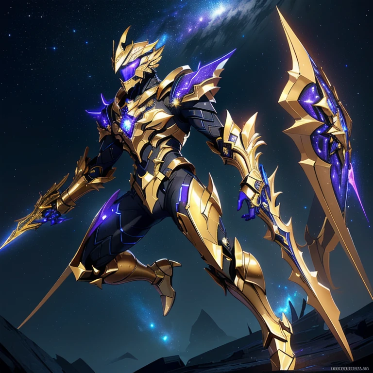 It's a man. The image presents a highly detailed and futuristic armor designed for a male warrior. The armor combines elements from different parts to create a cohesive and powerful look.
Helmet: The helmet features a sleek, aerodynamic design with a golden metallic finish. It has a central crest that rises upwards, and the visor glows with a bright blue light, giving it a high-tech, futuristic appearance.
Pauldrons (Shoulder Pads): The shoulder pads are large and wing-like, curving outward and upward, with a polished golden finish. These pads extend slightly beyond the shoulders and include a sleek, angular design, providing both a majestic and powerful look.
Chest Plate: The chest plate is intricately segmented, with a combination of gold and dark metallic blue. It has a gem-like crystal in the center that emits a soft, mystical glow. The design of the chest plate is both protective and regal, with sharp, angular lines that add to the overall futuristic aesthetic.
Arm Guards: The arm guards are sleek and streamlined, with articulated golden and purple segments that offer flexibility and protection. The design of the gauntlets is both robust and elegant, incorporating futuristic elements that blend with the classic style.
Leg Armor: The legs are armored with segmented plates that are primarily gold and purple. The boots are angular and sturdy, with a design that conveys both strength and agility. The overall look of the leg armor is grounded yet sleek, completing the ensemble with a powerful stance.
The background of the image is a dark cosmic scene, filled with distant stars and nebulae that highlight the polished surfaces of the armor. Dynamic lighting is used to emphasize the key features, particularly the glowing visor and central chest gem, reinforcing the mystical and imposing nature of the warrior.