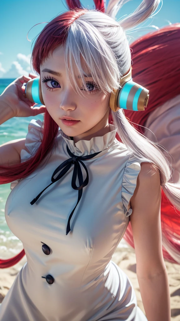 masterpiece Uta, one piece \(series\), Anime art style, masterpiece, Elegant white dress, Long red and white hair, One girl, alone, headphone, Red eyes, Looking at the audience, Beautiful Face, Detailed face, Mouth closed, Photo: Central body, elbow sleeve, Eyes visible through hair, Medium chest, V-shaped eyebrows, Detailed Background, Outdoor, Beach, null, (Super detailed), (8k, Complex), (85mm), Particles of light, Day, whole body, (Very detailed:1.2), (Gradation), SFW, colorful, (Detailed Background), (The rule of thirds_composition:1.3), (Course of action:1.2), Daylight, alone