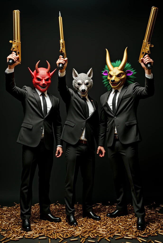 3 men in black suits, one on the far right with a horned dragon mask and realistic green hair with purple tips and slanted red eyes , . In the middle one with a realistic wolf mask that has hair and on the left one with a realistic red demon mask , The 3 in golden suits, guns and lots of bullets. Let the dragon be on the right . With golden weapons , the 3 celebrating with their weapons. Black background, hoisting their weapons and celebrating
