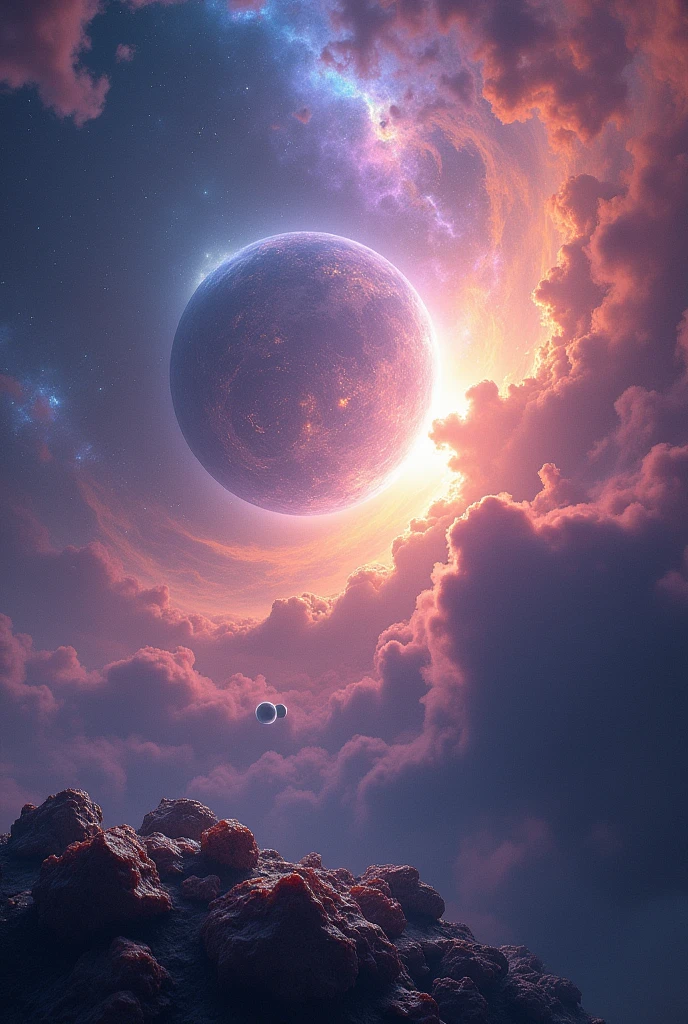 a photorealistic, A sprawling cosmic garden filled with vibrant colors and swirling clouds of gas and dust. The nebula is a breathtaking mix of deep blues, purples, and bright pinks, with tendrils of golden light stretching across the sky. In the foreground, a small, rocky planet orbits lazily, its surface covered in shimmering crystals that reflect the nebula's light. A pair of twin moons hangs low on the horizon, casting soft, pale shadows., extremely detailed, high quality, cinematic lighting, vivid colors, stunning, breathtaking, (best quality,8k,highres,masterpiece:1.2),ultra-detailed,(realistic,photorealistic,photo-realistic:1.37),cinematic composition,dramatic lighting,volumetric lighting,depth of field,cinematic camera angles.