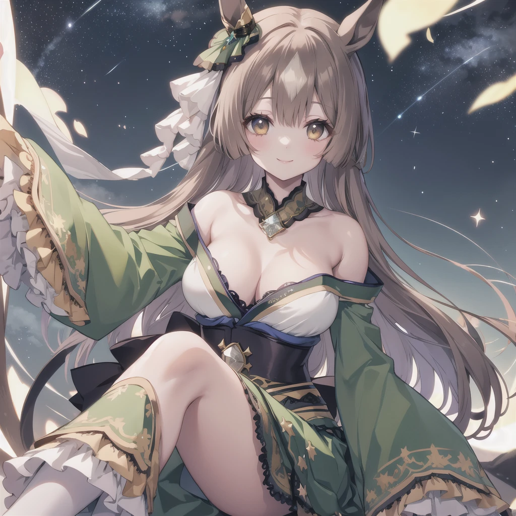 ２Dimensional Anime、masterpiece、Highest quality、Green kimono、Beauty、Shoulder less、Beautiful breasts、Starry Sky、smile