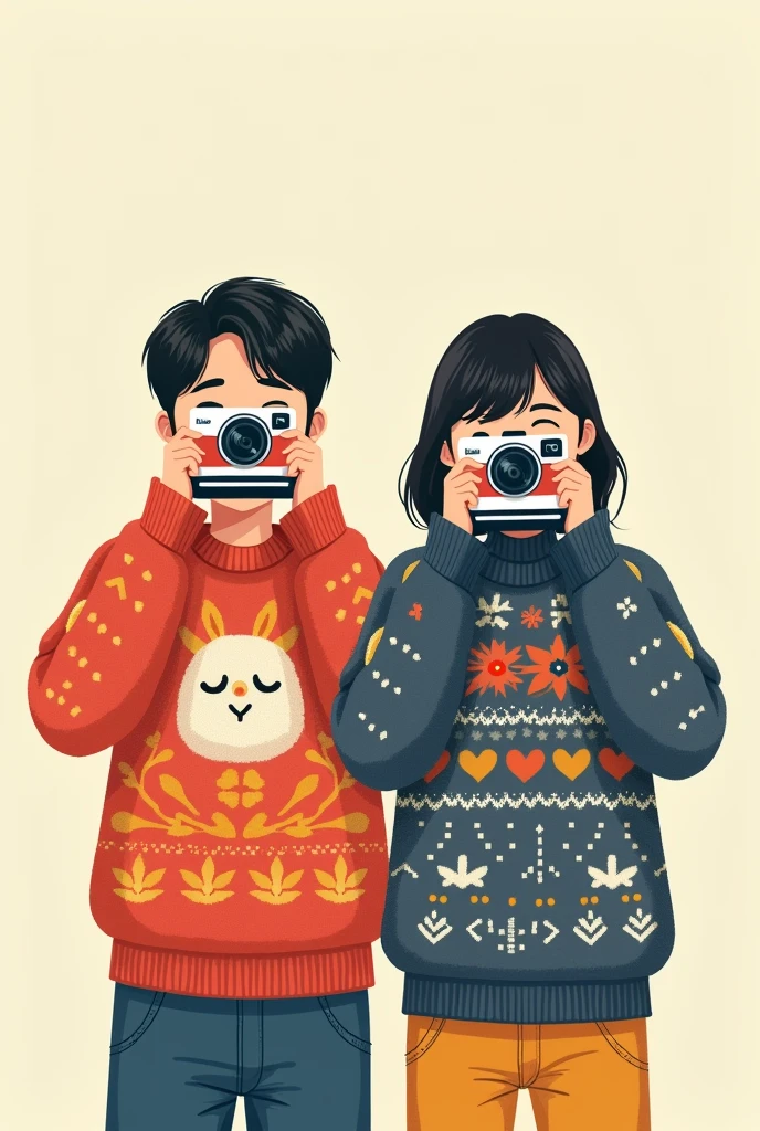 Vector art of couple wearing buggy sweater and both are holding a polaroid camera to hide their face. The guy is taller and the girl is a bit chubby and with short hair and without bangs. The guys hair is korean style but a little skinny.