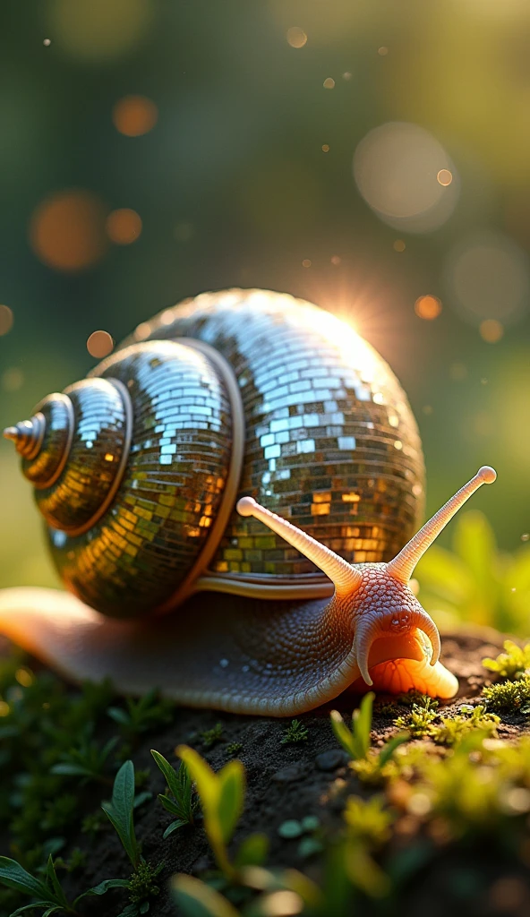 Detailed, masterpiece, professional, bold colors, octane render, photography, HDR, a close-up image of a snail whose shell is entirely a disco ball. The shell is a perfectly round, mirrored sphere with small reflective tiles, just like a classic disco ball. As the snail moves through a lush garden, beams of sunlight hit the mirrored surface, scattering light in all directions and creating a stunning array of sparkles and reflections across the surroundings. The background is slightly blurred to emphasize the snail with its unique disco ball shell. Taken using a vintage camera, film grain, chromatic aberration