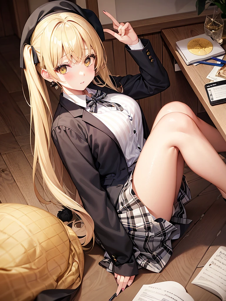 Girl with pigtails in her blonde hair and yellow eyes,marela checkered skirt, formal blouse
, notebook in hand with rabbit cover