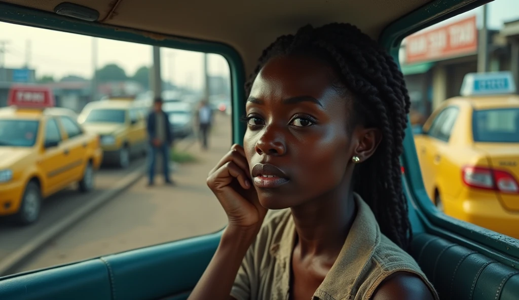 A real picture of unhappy beautiful woman from Africa sitting around taxi Park wondering and scared about the future