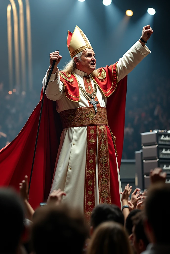 the Pope as Brian Johnson at the ACDC concert, he sings on stage, in one hand he holds a microphone into which he shouts and the other hand is in a fist pointing upwards