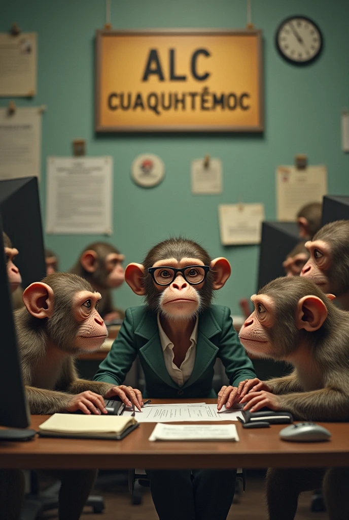 Generate an image of an office with a sign in the background that says Alc Cuauhtémoc, With 6 monkeys working on a computer and their boss, a dwarf woman with bottle-bottom glasses, must be standing there giving orders.