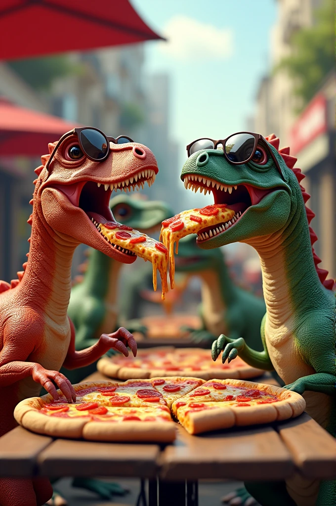 Dinosaurus in sunglasses eat pizza 