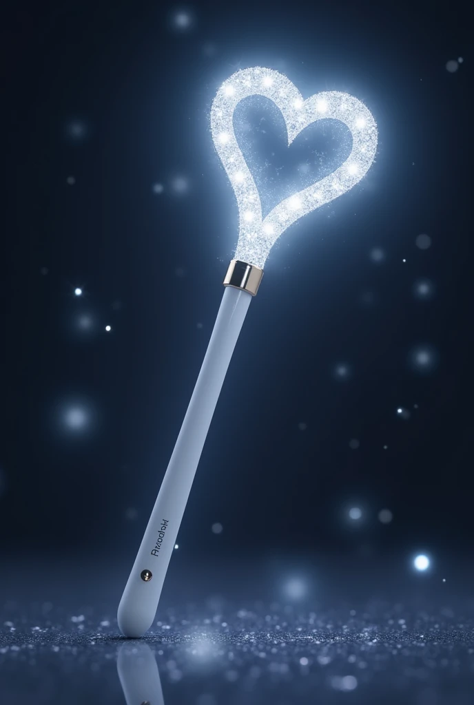 kpop lightstick but design as magic wand. elegant and cute. the lightstick emits silver light. sparkling and glowing in the dark. no hand. preview. the stick has on or off button with name 'dazzle charm' afloat on the stick. the stick is white about 18.5cm height. on top of stick is love shape surrounded by silver diamond. has sophisticated vibe.