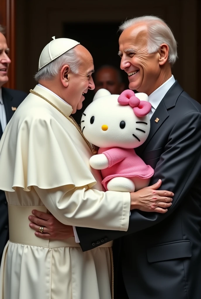 Pope Francis hugging Hello Kitty and Biden