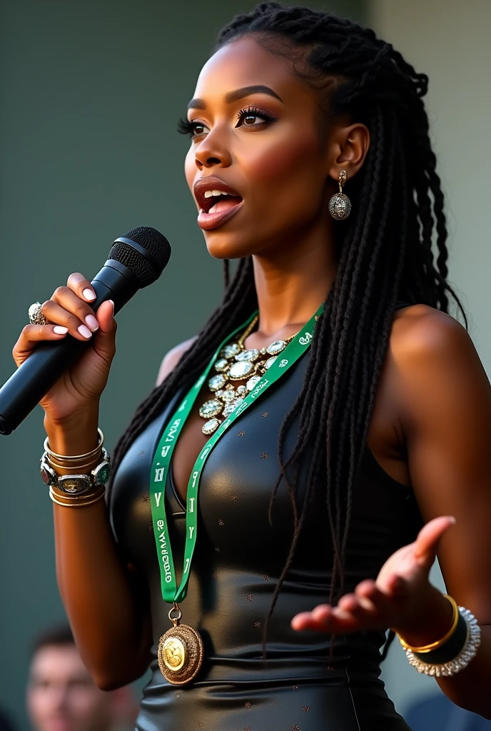 A charismatic dusky complexion black women with long black braided hair speaker is captured mid-speech. She has long, slightly curly braided hair open and on her both shoulders and some at back. Her expressive face, adorned with a glowing skin lovely cheekbones big lips and bluish grey eyes is animated as she gestures with her left hand, displaying a large diamond ring on her middle finger. She is holding a black microphone in her right hand, speaking passionately. The lady is wearing a dark, black colour sheath one piece body hugging her curvy  with unique, slightly shimmering dotted patterns, and a green diamond necklace with multiple small love shape bracelet and logos hanging around her wrist. She has a green lanyard with multiple badges and logos hanging around his neck.