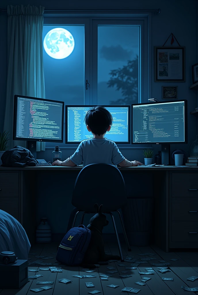 Un garçon au cheveux lisse. Il est un développeur informatique. Le garçon est dans ca chambre.il est assis sur son bureau entrain de coder.son ordinateur à trois écran. Il porte un lunette. son chien noir à cheveux lisse est assis à côté de lui. Son cartable est rempli d'argent. Son cartable est ouvert à côté de lui. Des argent se trouve par terre. Une arme est sur son bureau. Il faut noir dans sa chambre. On peut voir la lune et les étoiles à travers la fenêtre de sa chambre
