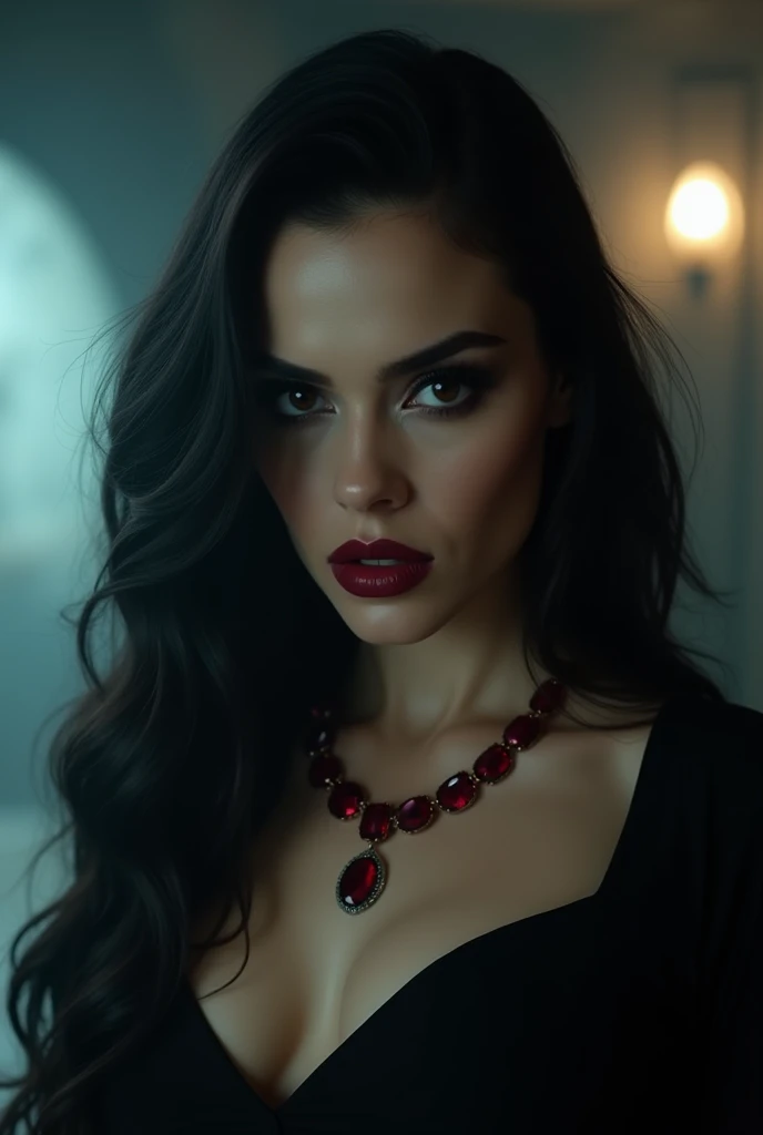 A vampire  woman who looks like a mix between  Eiza Gonzalez and Minka Kelly, wine  lipstick, black  outfit, detailed  face, menancing  expression, black sultry  eyes, long voluminous black  hair, ruby necklace,  black  outfit, night  in the  background, photorealistic image, 4k quality