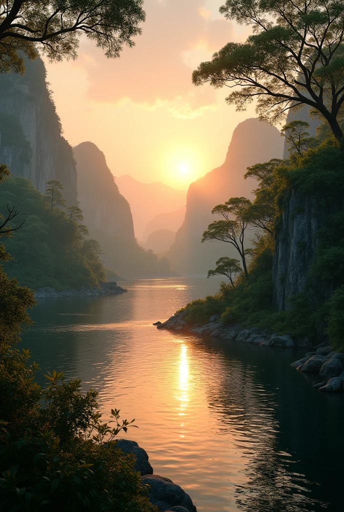 Theatrical perspective of a scene without evil or animals jungle in Africa scenic view sunrise lake rocks cinematic lighting