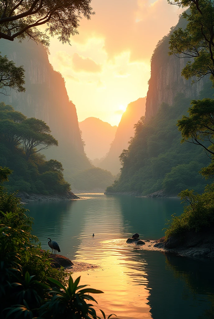 Theatrical perspective of a scene without evil or animals jungle in Africa scenic view sunrise lake rocks cinematic lighting