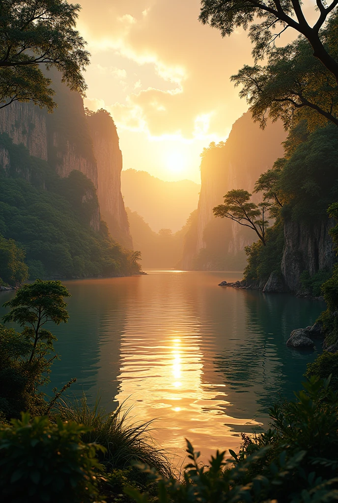 Theatrical perspective of a scene without evil or animals jungle in Africa scenic view sunrise lake rocks cinematic lighting