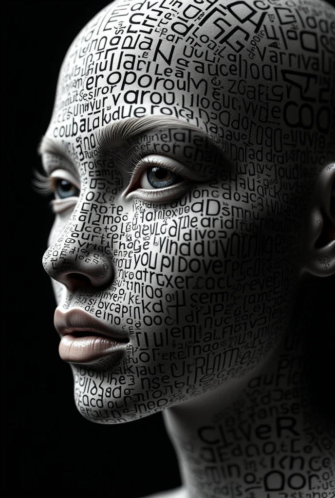 "Create a detailed 3D man human face, composed entirely of black and white text in varying fonts and sizes. The text should intricately form the contours of the face, with particular emphasis on the eyes, nose and mouth to maintain realism and depth. The overall composition should have a surreal and abstract appearance, with the text flowing naturally to represent the facial features. The background should be entirely black, allowing the white text to stand out. Use a combination of thick and thin lines to create contrast and texture, simulating lighting and shadows on the face. The image should convey a sense of artistic complexity, with the text wrapping around the face, creating a cohesive and visually stunning representation. I want all the text to be inspiring, fine detail, intricate detail, high quality, legible and understandable text, looking into the camera,