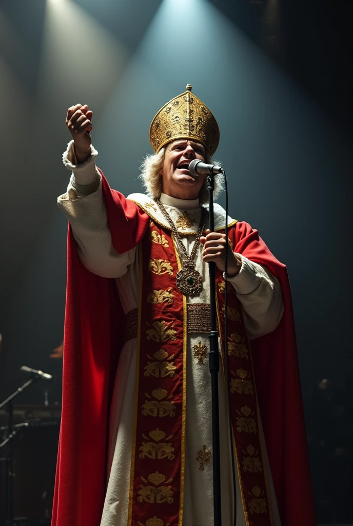 a medieval pope dressed as Brian Johnson from AC/DC band, singing on stage while holding a microphone in one hand and raising the other fist, dramatic lighting, hyper realistic, cinematic lighting, dramatic expression, dramatic pose, intricate details, chiaroscuro lighting, masterpiece