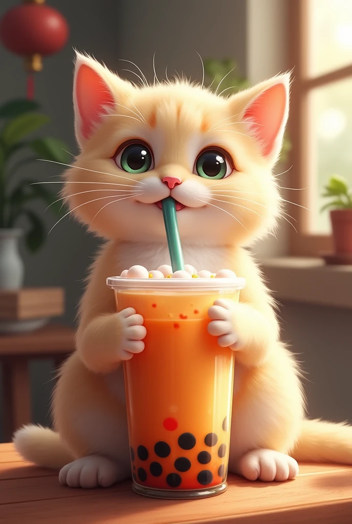 Cat drinking boba tea with straw