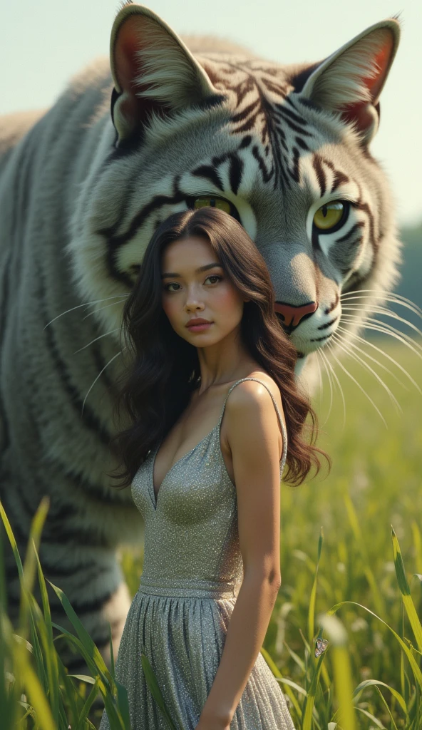Realistic portrait of a beautiful girl, wearing a silver dress, standing outdoors in the grass, surrounded by a huge larger-than-human cat, (Best Quality, 4K, 8K, HD, Masterpiece: 1.2), Ultra detailed, (Realistic, Photorealistic, Photorealistic: 1.37), Extremely detailed CG, 1 girl, Beautiful detailed eyes, Beautiful detailed lips, Extremely detailed eyes and face, Long eyelashes. Vibrant Colors, Studio Lighting, Physically Based Rendering, Professional Grade