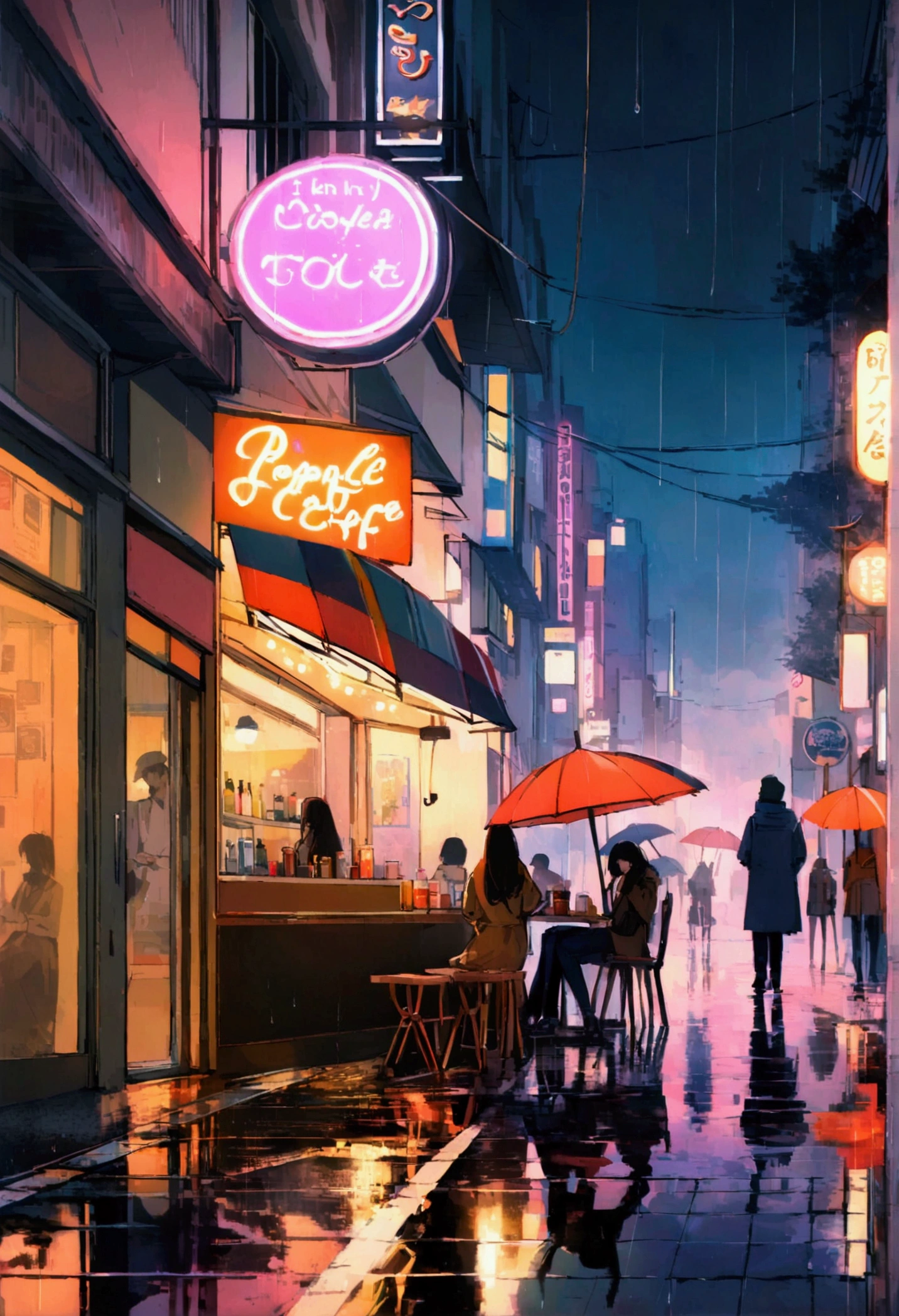 (Highest quality,8k,High resolution, ), Rain-soaked street, Colorful umbrellas dot the cityscape with blue and pink splashes. Neon sign in retro style、Reflection on wet pavement, Establishment of the Lower Urban Symphony. Soft piano melodies set the mood, Evokes a calm and meditative atmosphere. people々々Flock to a cozy café, While the rain is dancing outside、Drink hot drinks, Turn the city into a serene lofi、ベンチで座る男のpeople