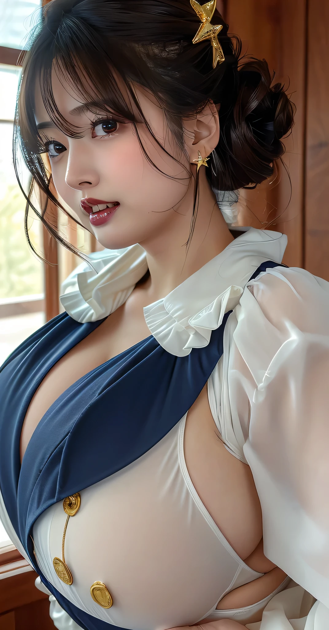 (8k,RAW Photos,Like the picture:1.45),masterpiece,Highest quality,wonderful,(セクシーなMature Woman:1),(Mature Woman:1.3), (2 woman.1.3)、(((very, very大きい胸)))、(((Extremely lewd and very huge boobs:1.75)))、(((Very deep cleavage)))、Hyper Real、In her spacious office、A beautiful and dignified smile、Beautiful white skin、Beautiful, delicate and precise skin texture、With long, fluffy, beautiful brown hair(Updo:1.45)、Beautiful Japanese Women、(Big Ass)、Thick thighs、Bright red lips、Gold small star shaped earrings、{Dark royal blue suit((White blouse))},