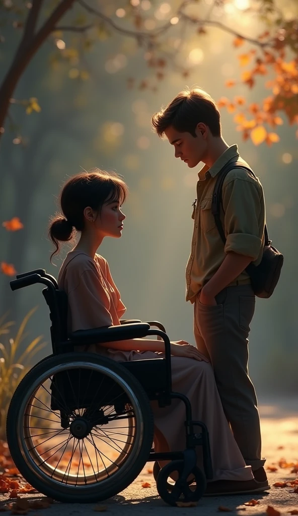 A sad georgous young woman on a wheelchair chair and talking to her sad handsome boyfriend,  pixar style, cinematic, masterpiece, high-aesthetic,  realistic 