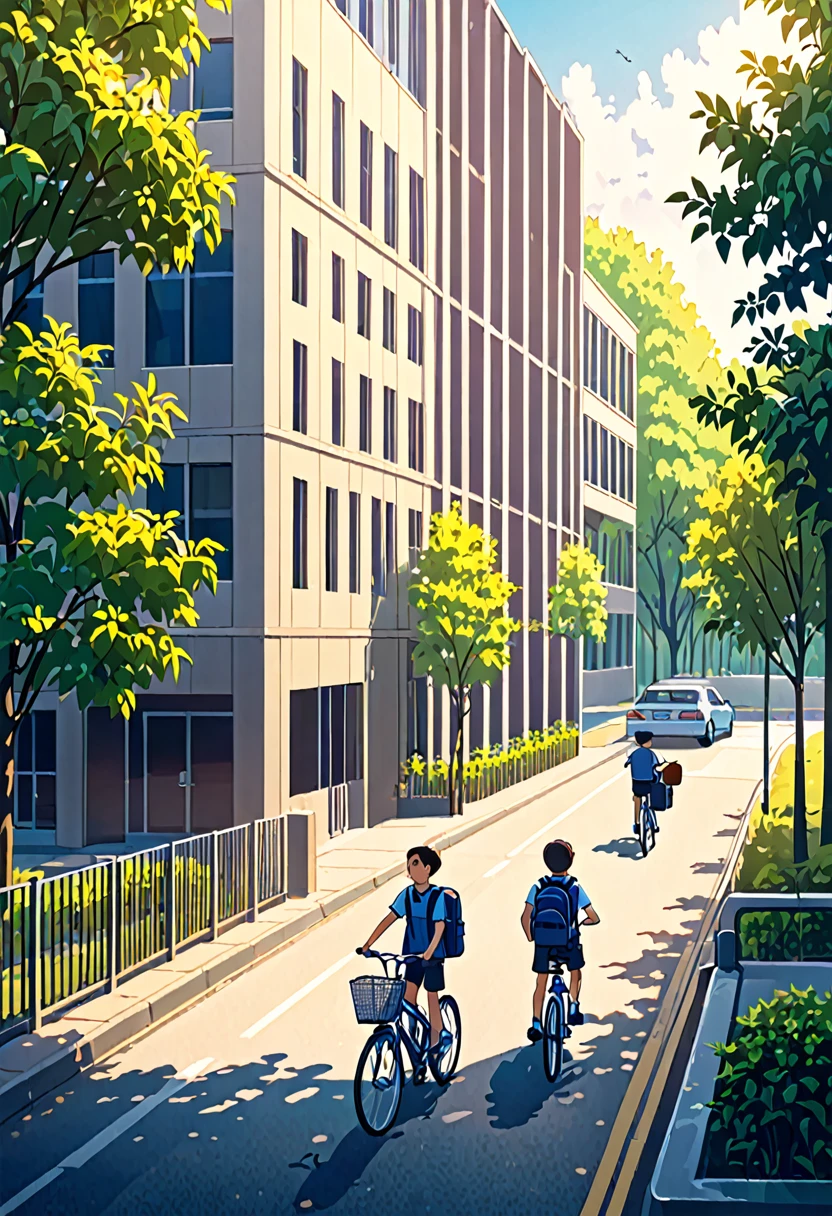 Two boys going to school, with their bicycle outside of school, school building 4 floor building,crs parked outside,trees outside the building and a highway near school, crowded road,4k hd wallpaper, enhanced quality