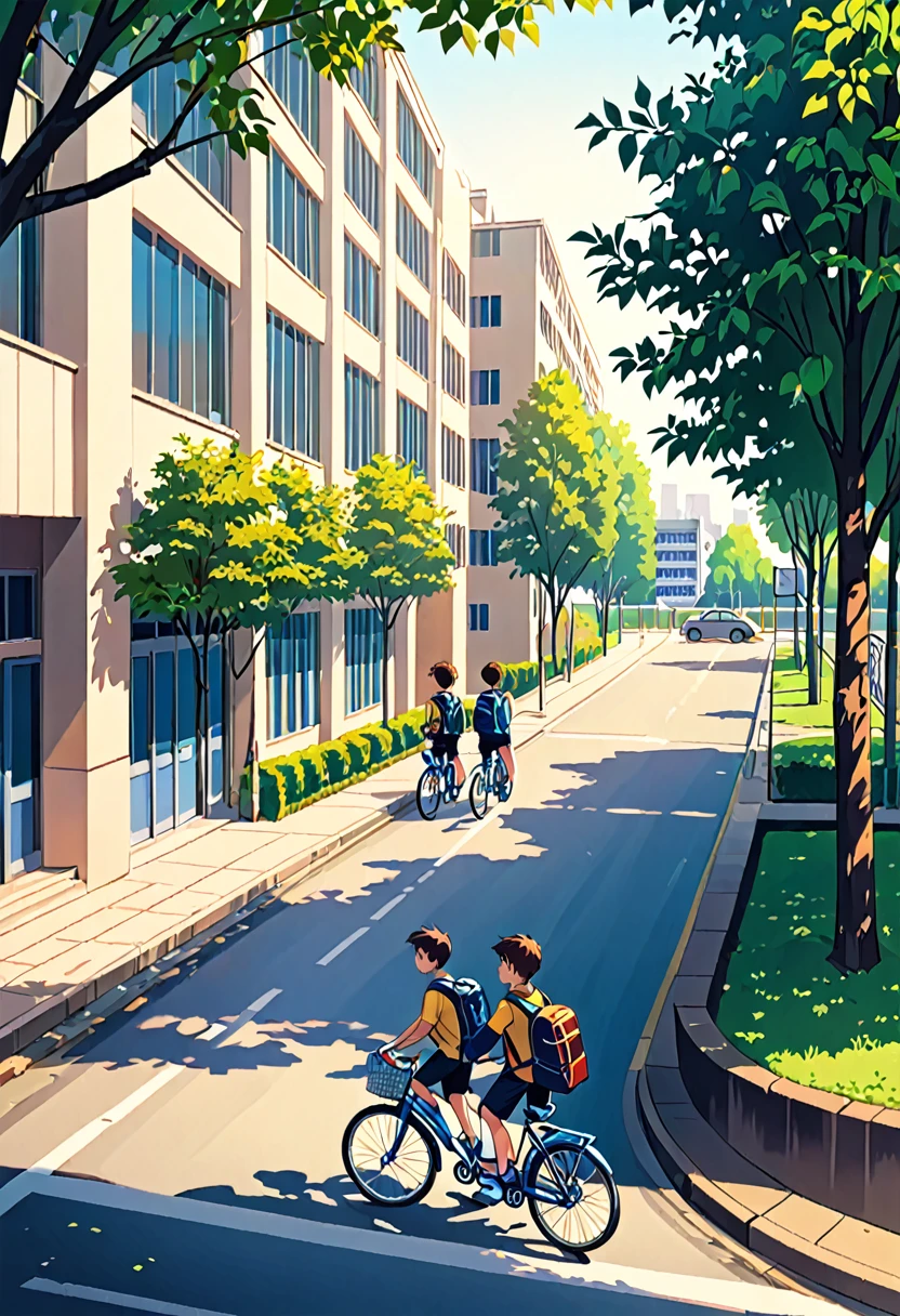
Two boys going to school, with their bicycle outside of school, school building 4 floor building,crs parked outside,trees outside the building and a highway near school, crowded road,4k hd wallpaper, enhanced quality