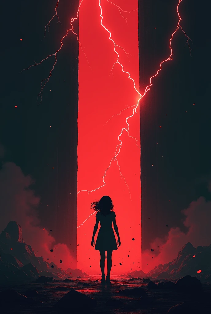 "A dramatic scene inspired by Stranger Things Season 2, with a minimalist style similar to Olly Moss. The image is viewed from the side, showing Eleven levitating in front of the massive gate to the Upside Down. Her nose is bleeding, and she is surrounded by swirling debris as she uses her psychic powers to close the gate. Red lightning crackles around the rift, casting an eerie glow. The dark, ominous atmosphere contrasts with Eleven's intense concentration, captured with simple silhouettes and bold, contrasting colors, reminiscent of vintage movie posters."