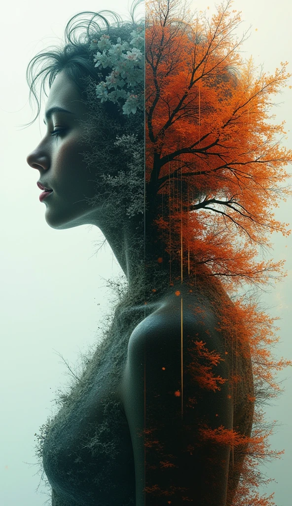 Hyper-realistic glitchcore surrealism: four razor-sharp vertical splits depicting seasons. Frosty crystalline winter, delicate pastel spring blossoms, lush verdant summer foliage, fiery autumn leaves. Double-exposed close-up silhouette with intricate digital artifacts. Ultra-high-resolution grain texture. Moody chiaroscuro lighting. Time's relentless march personified.