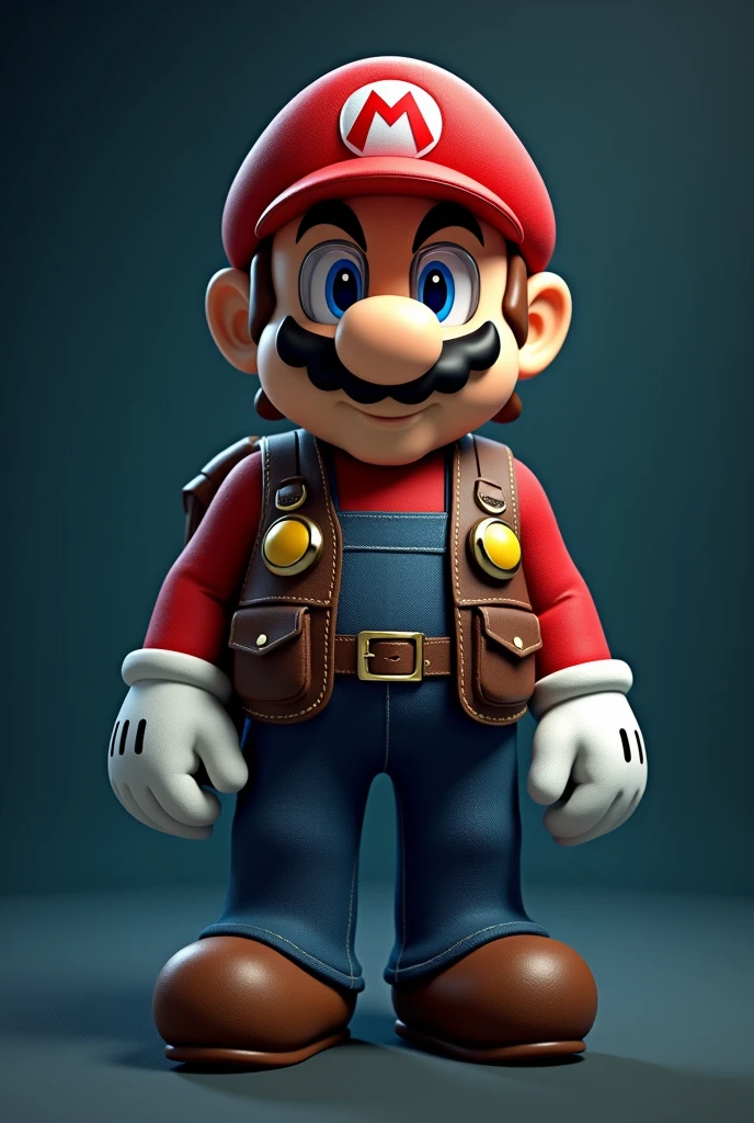 Mario bross  with leather vest, transparent lenses, backpack and looking straight ahead with dark blue background 