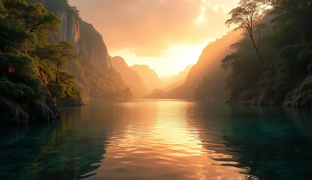Theatrical perspective of a scene without evil or animals jungle in Africa scenic view sunrise lake rocks cinematic lighting