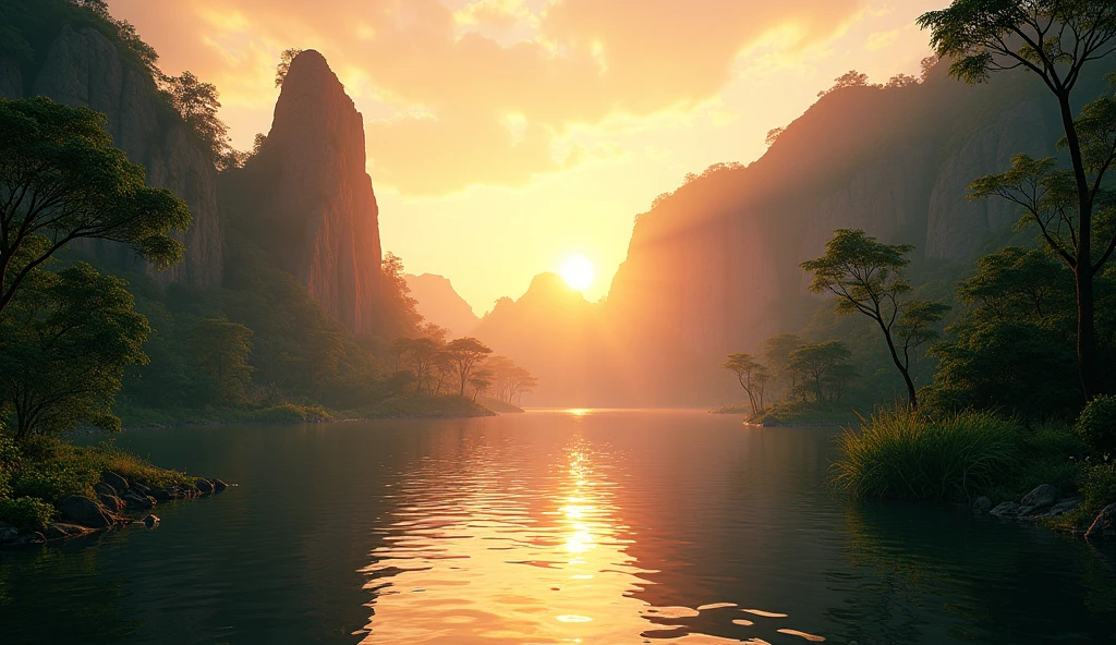 Theatrical perspective of a scene without evil or animals jungle in Africa scenic view sunrise lake rocks cinematic lighting