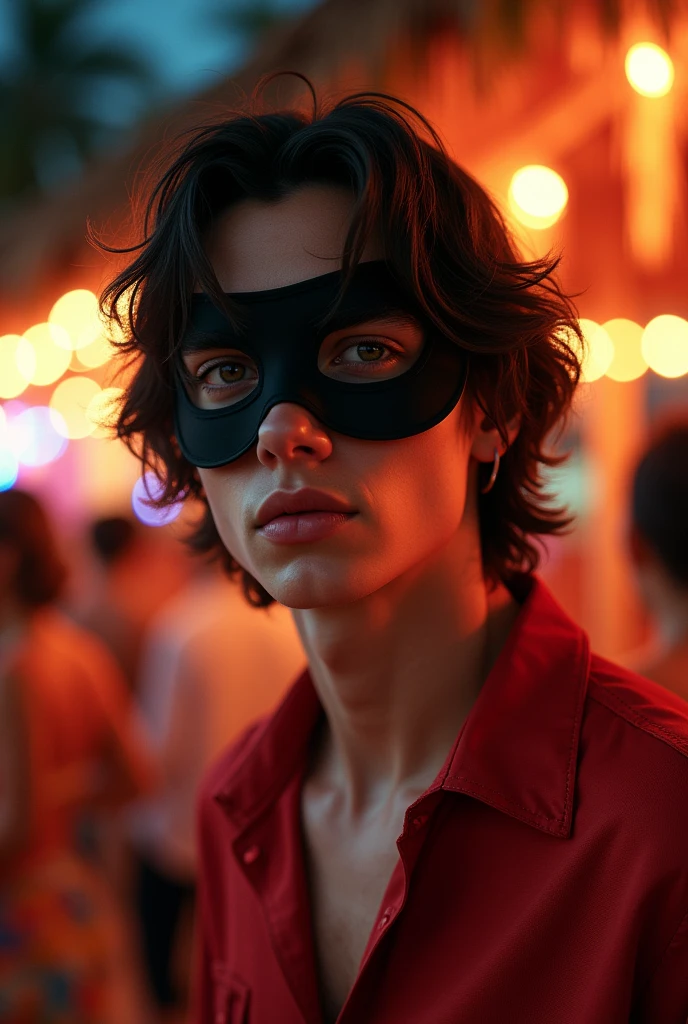 Young man resembling Temothe Chalamet with wavy hair wearing a black mask on the upper part of his face and red clothes at a luau party at night
