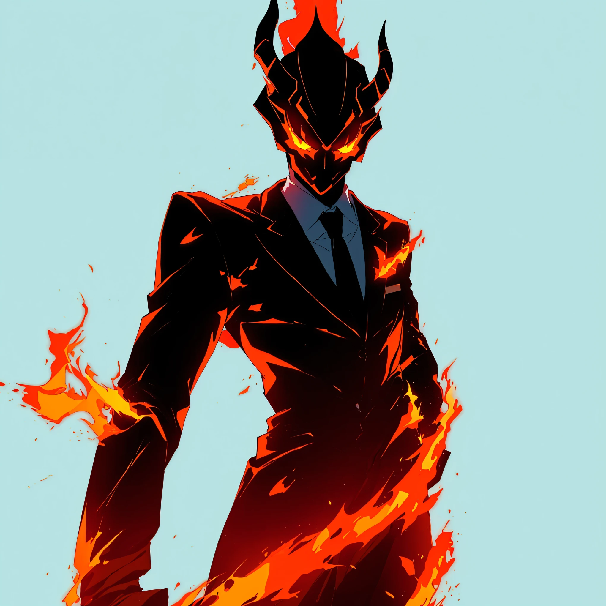 Há um homem com human face e corpo em chamas, power of fire, elegant dream demon, fire demon, omen of valorant, Hellfire background, fire behind him, cyberpunk flame suit, burning bottom, dark suit, Hellfire, Bento Bana, Lord of the Ashes, dragon-inspired costume, avatar image, amazing wallpaper, homem macho demônio burning bottom, simple strokes, simple anime lines, make normal human face, human face