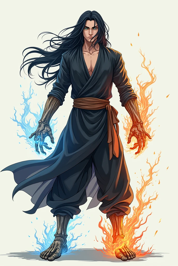 anime, 1 human man only, long black hair, standing, right wooden hand , left ice hand , right fire foot , left skeleton foot