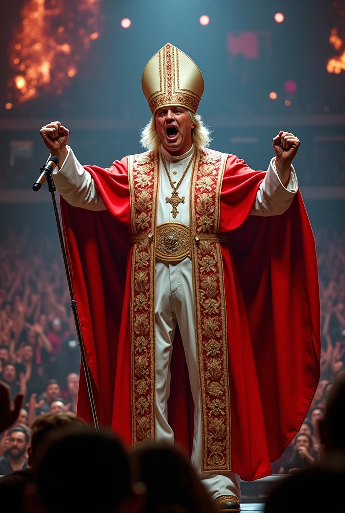 Brian Johnson at an ACDC concert wearing a Pope suit, he sings on stage, in one hand he holds a microphone into which he shouts and the other hand is in a fist pointing upwards