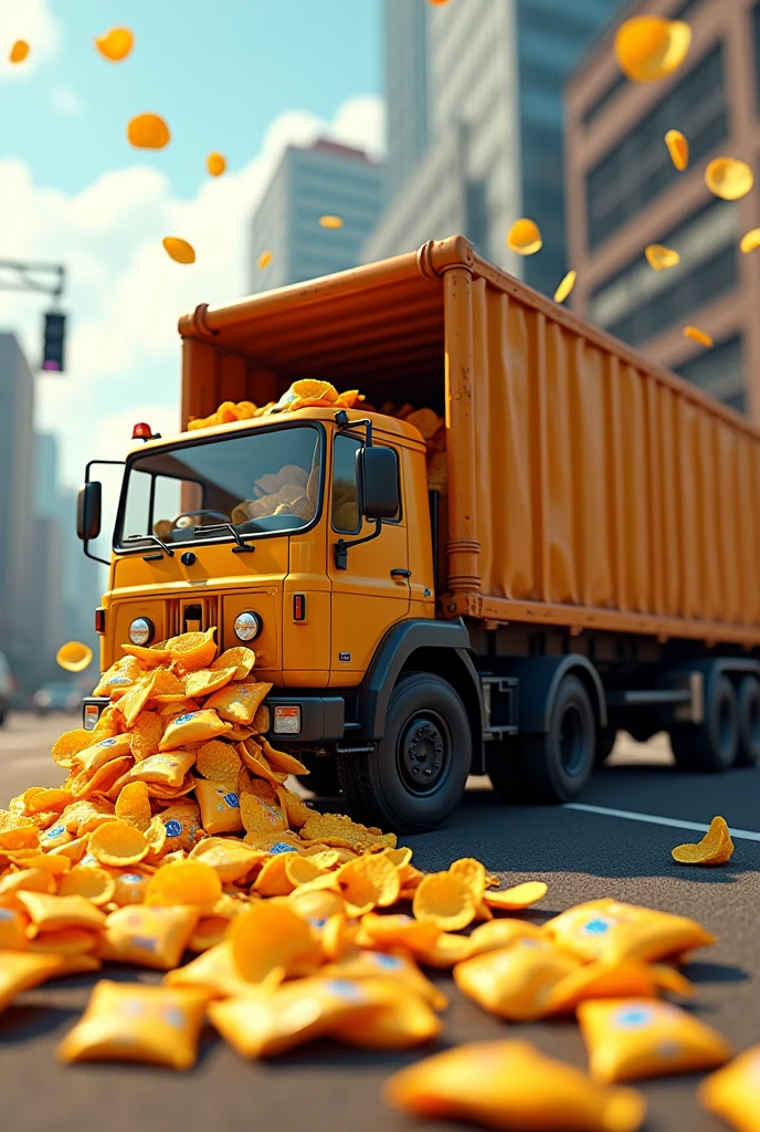 Potato Chips are coming out from truck which is full from yellow colour chips packet ( truck should be from side angle and show full truck image